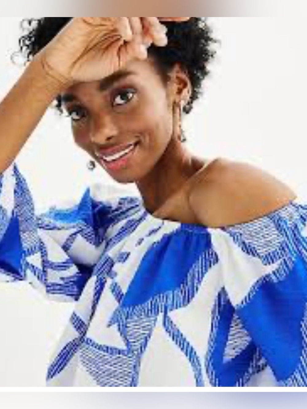 Nine West Blue & White Off-Shoulder Bell Sleeve Top